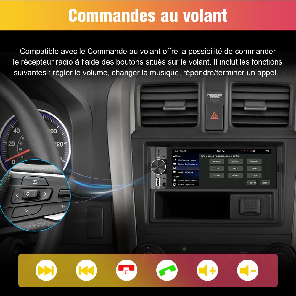 AWESAFE Autoradio Carplay 1 DIN avec Écran Tactile HD 6,36" | CarPlay & Android Auto sans Fil | Bluetooth 5.0 | FM | USB Type-C | Commande Vocale | avec Caméra de Recul