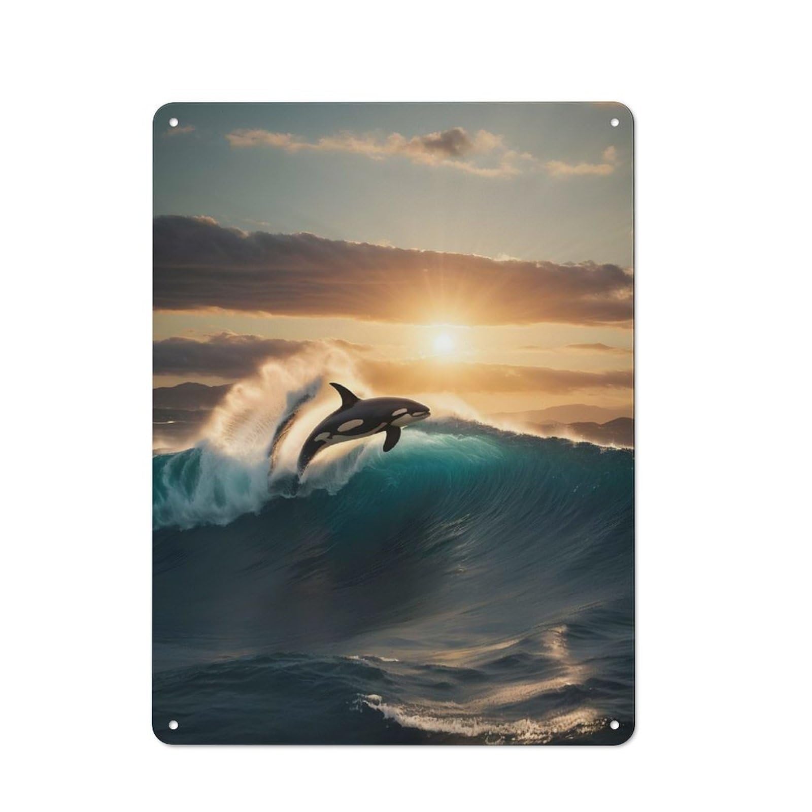 Decorative Metal Plaque with Killer Whale Of Sunset Design 40x30cm, Warehouse Style Loft Wall Plaque for Flat, Bar, Studio Or Gallery Wall
