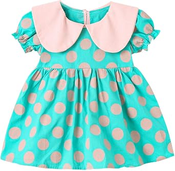 Beessbest Little Girls Summer Dress Cotton Polka Dot Print Short Puff Sleeve Toddler Baby Casual Collared Dress 6M-3Y