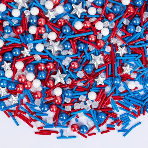 Image of Edible Patriotic Sprinkles for Cake Decorating,130g,July 4th Pearl Sprinkle for Baking Decorations,Blue Red and White Pearls Jimmies,Silver Star and Sugar Crystals Mix,Cookies,Ice Cream,Fondant Cake,Cupcakes,Desserts,Memorial Day,Flag Day,Juneteenth,Independence Day,4th of July Party Supplies