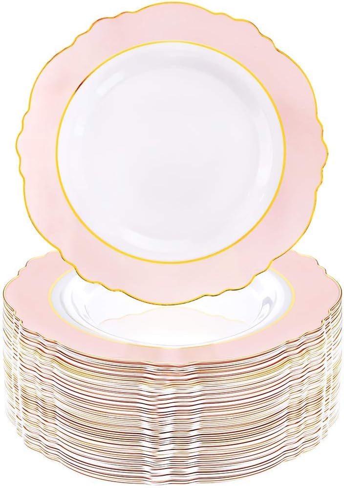 WDF 60pcs Pink Plastic Plates - 10.25inch Baroque Pink And Gold Disposable Dinner Plates for Upscale Parties -Special for Valentine's Party, Wedding, Birthdays