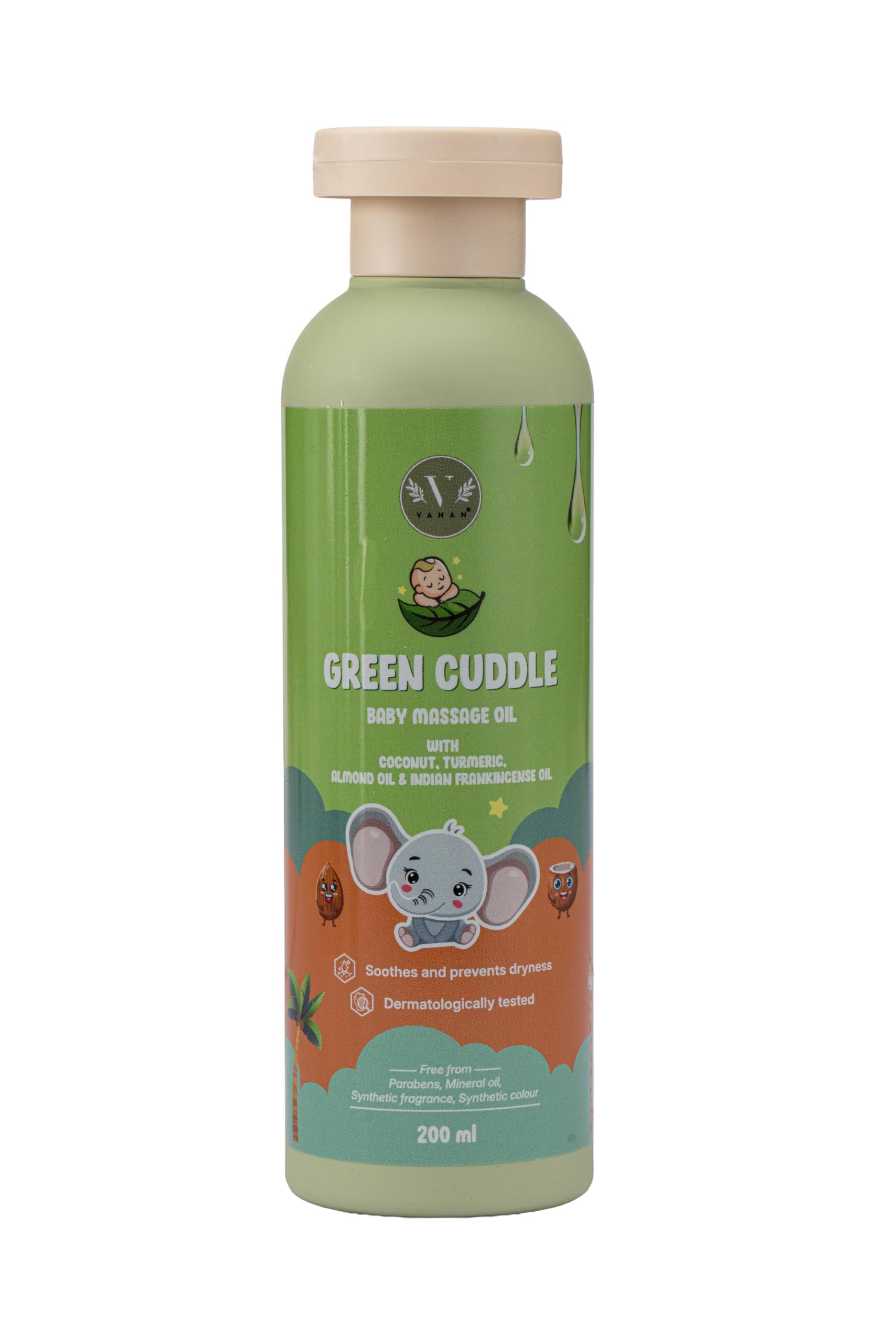 Vanan Green Cuddle Baby Massage Oil - Sweet Almond, Coconut & Desi Ghee with Vitamin E - Protects & Nourishes Baby Skin - Ideal for Bath & Massage - Dermatologically & Pediatrician Tested - 200 ml
