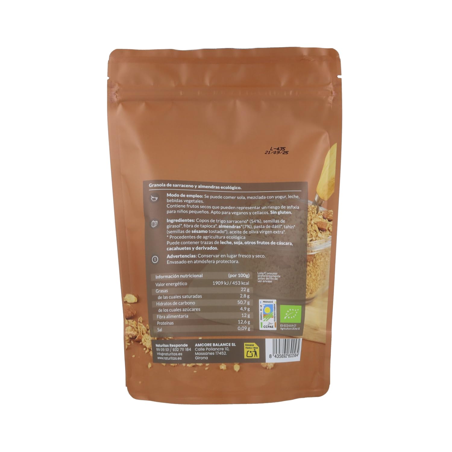 Granola de sarraceno y almendras BIO sin gluten | 275 g | Naturitas Essentials | Granola Bio de sarraceno y almendras | 100% origen agrícola | Mueslis y Cereales de Desayuno