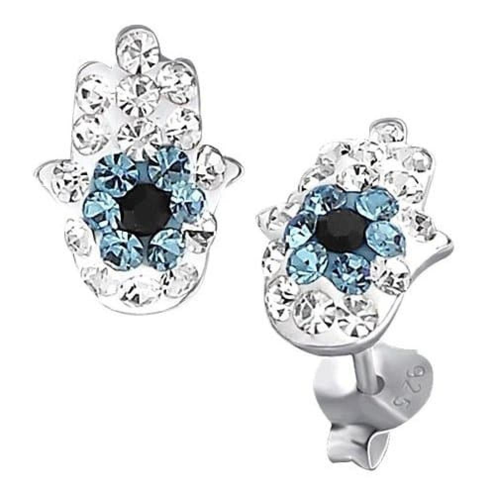 925 Sterling Silver Blue White Black Crystal Hand of Fatima Stud Earrings