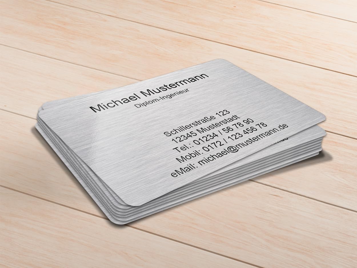 100 Visitenkarten, laminiert, 85 x 55 mm, inkl. Kartenspender - Design Alu gebürstet