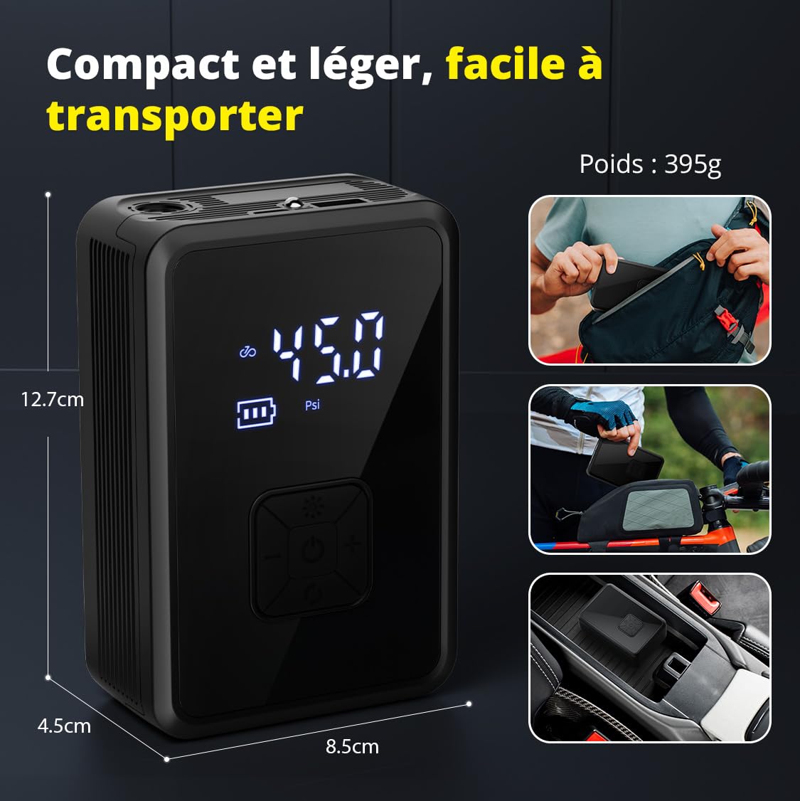 Oasser Gonfleur Pneus Voiture sans Fil Mini Compresseur à Air Portatif 150 PSI (10,3 Bar) Inflation Rapide Cylindre 17 mm Type-C USB Charge avec Tuyau de 30 cm et Sac de Rangement