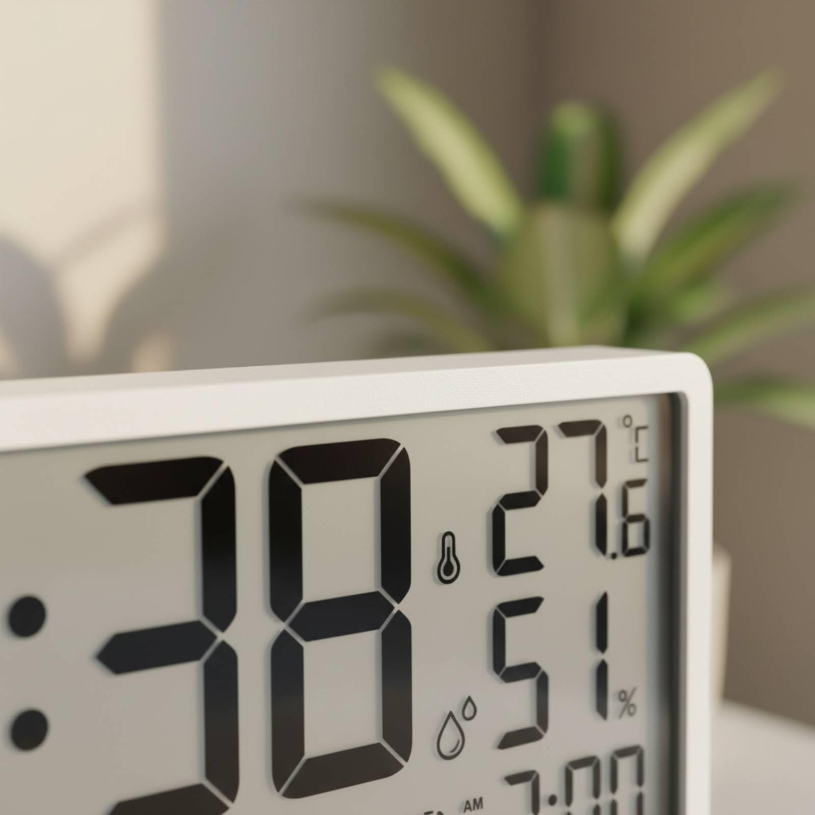 rockible Reloj de Pared Digital LCD Reloj Despertador Calendario Termómetro Higrómetro Pantalla Amplia Diseño Moderno Plástico y Vidrio con Información Diaria Apto para Hogar Estudio Trabajo, Negro