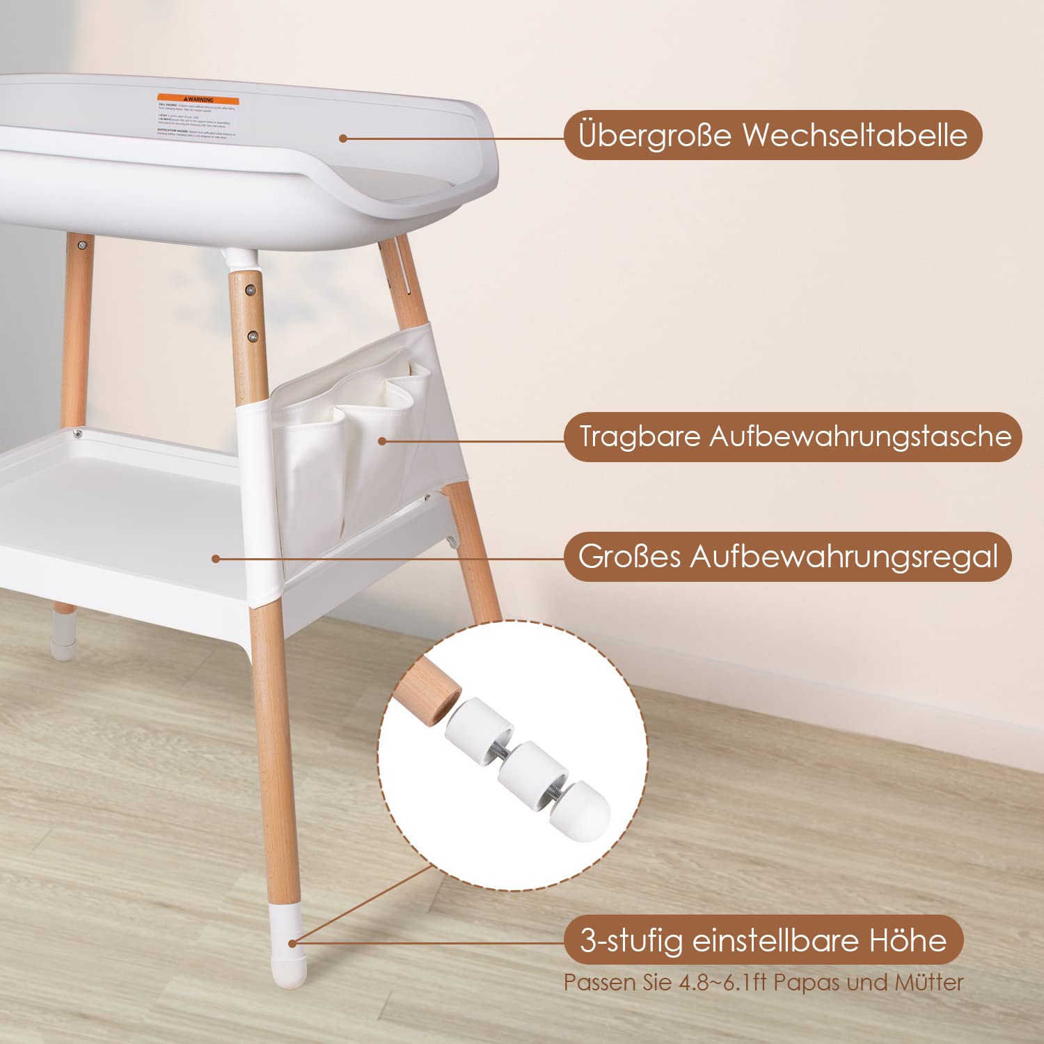 Beberoad Fasciatoio Neonato Regolabile in Altezza 51x79x90CM Bianco 0-12 Mesi 25kg