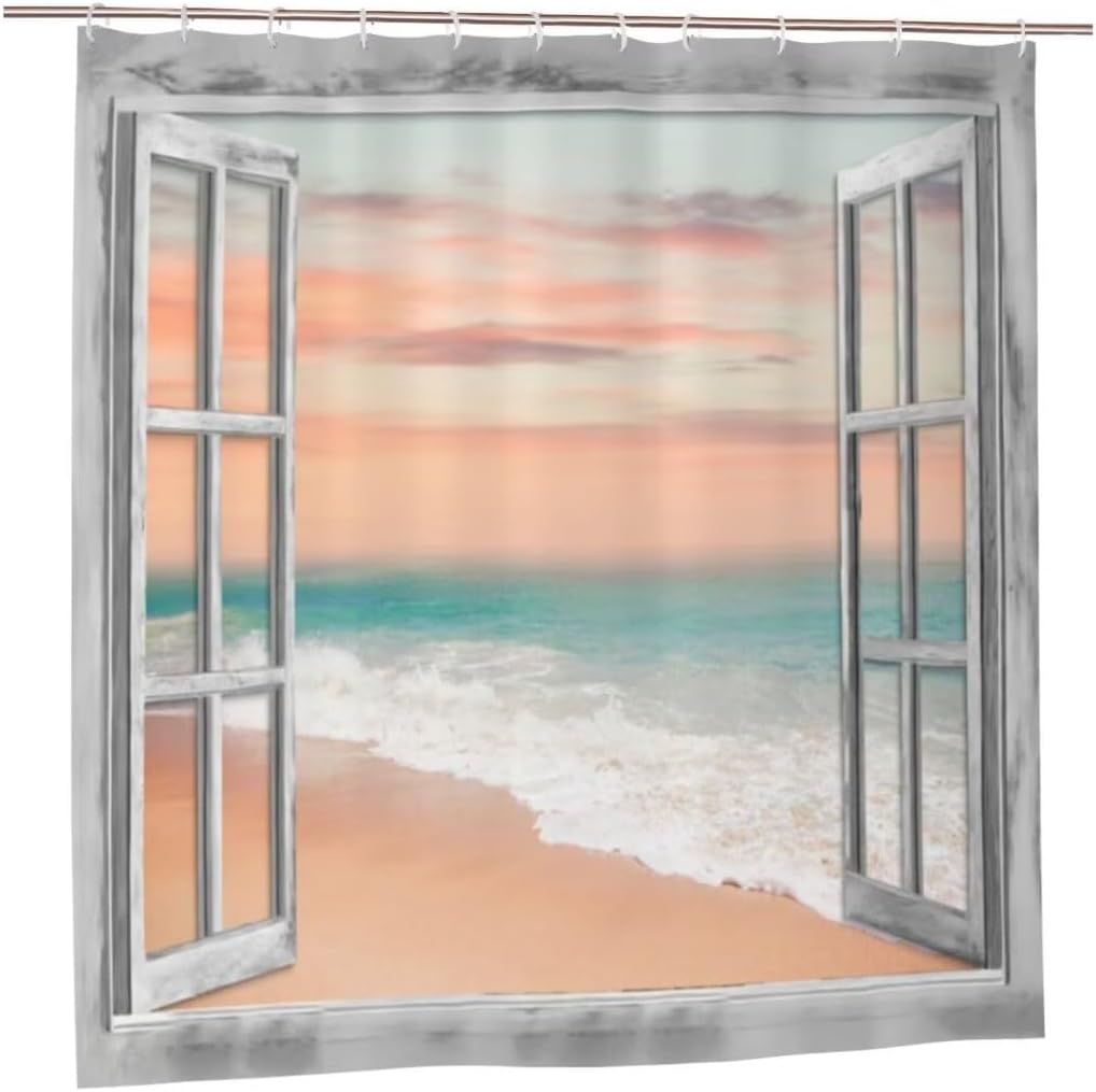Ocean Beach Window Shower Curtain for Bathroom Decor Hawaiian Sunset Scenery Sea Wave Retro Wood Rustic Nature Art Printed Polyester Waterproof Cloth Bathroom Curtain with 12 Hooks 60x72Inch（152x183cm