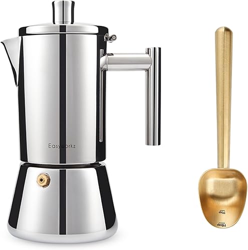 Easyworkz Diego - Cafetera de café expreso para estufa, 6 tazas de 10 onzas, con mango largo hueco de acero inoxidable, cuchara medidora de 0.27