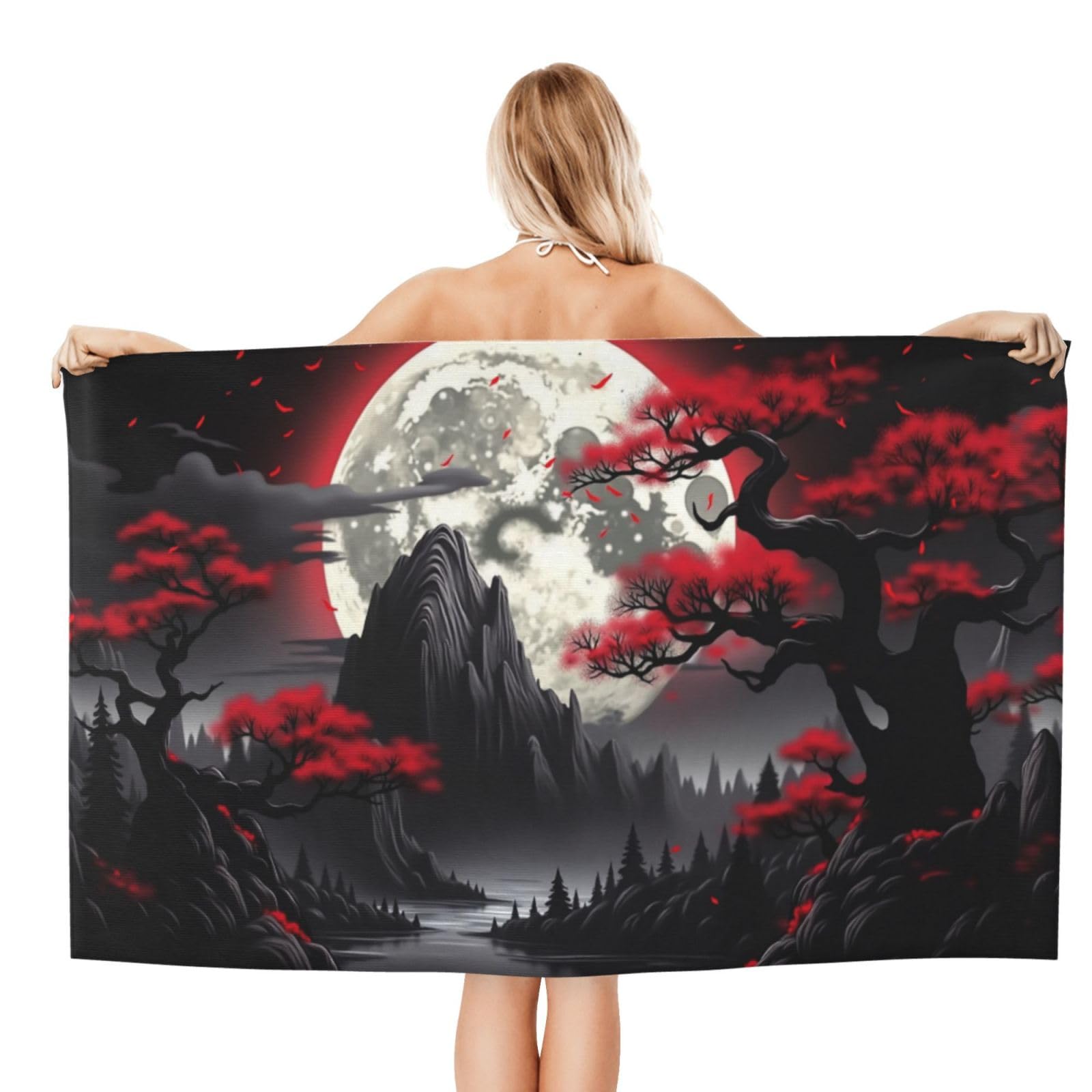 Anceky Beach Towel for Women, Red Moon Night Landscape Sand-Free Microfiber Ultra Soft Lightweight Bath Towels for Outdoor Bathroom Swimming 32"X52"