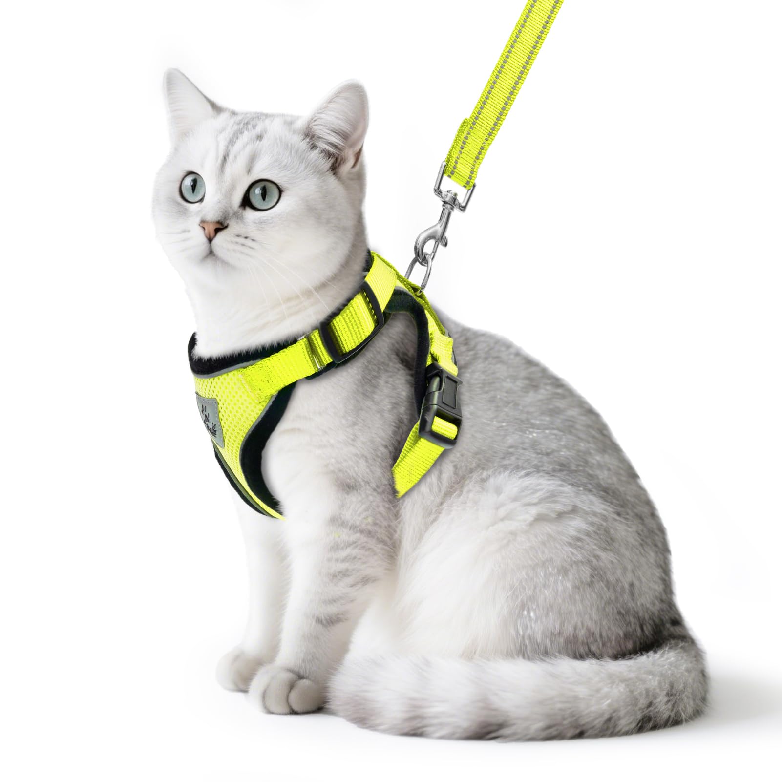 PUPTECK Cat Harness and Lead Set Escape Proof Reflective Cat Walking Harness Adjustable Soft Breathable Mesh Vest for Small Pets Fluorescent Yellow M