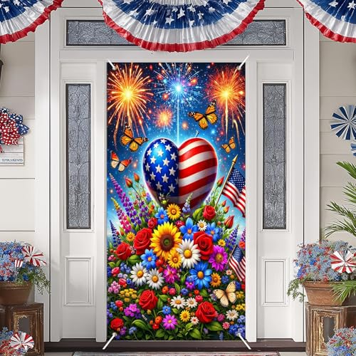 Image of BissYard Patriotic Door Cover 71 x 35 Inches 4th of July Door Banner American Flag Heart Fireworks Floral Independence Day Front Door Decoration Indoor Outdoor Porch USA Theme Decor