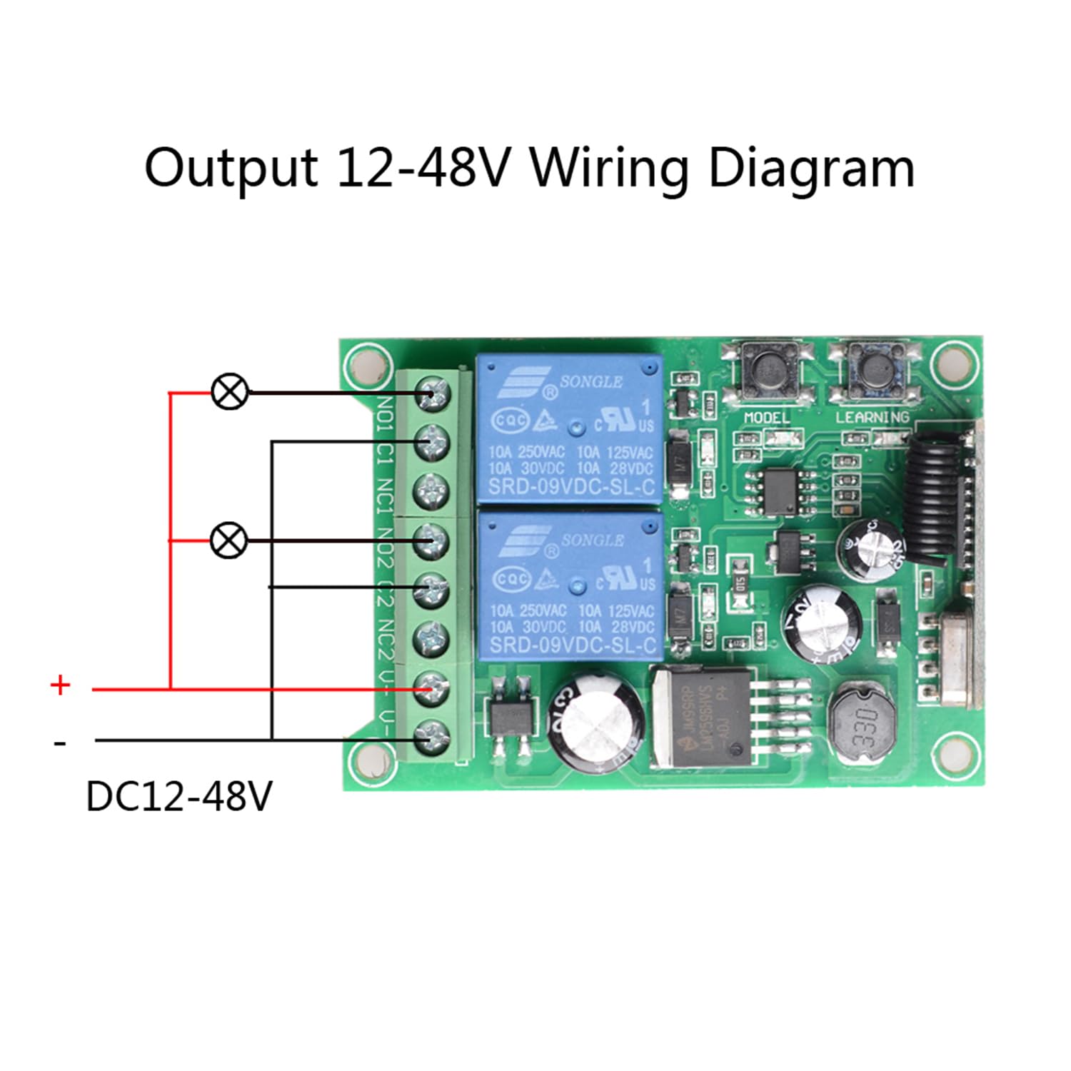 Récepteur radio universel à 2 canaux, 12-24 V, télécommande sans fil pour porte de garage, 10 A, 433 MHz, lumière du moteur, interrupteur de sortie relais