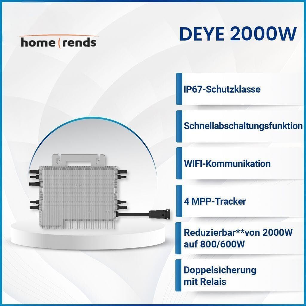 Deye SUN-M200G4-EU-Q0 - Micro inverter da 2000 W, 4 MPPT WiFi, IP67, conforme alla norma VDE, nuova generazione con Relè Solar PV con cavo Schuko da 5 metri per impianti da balcone