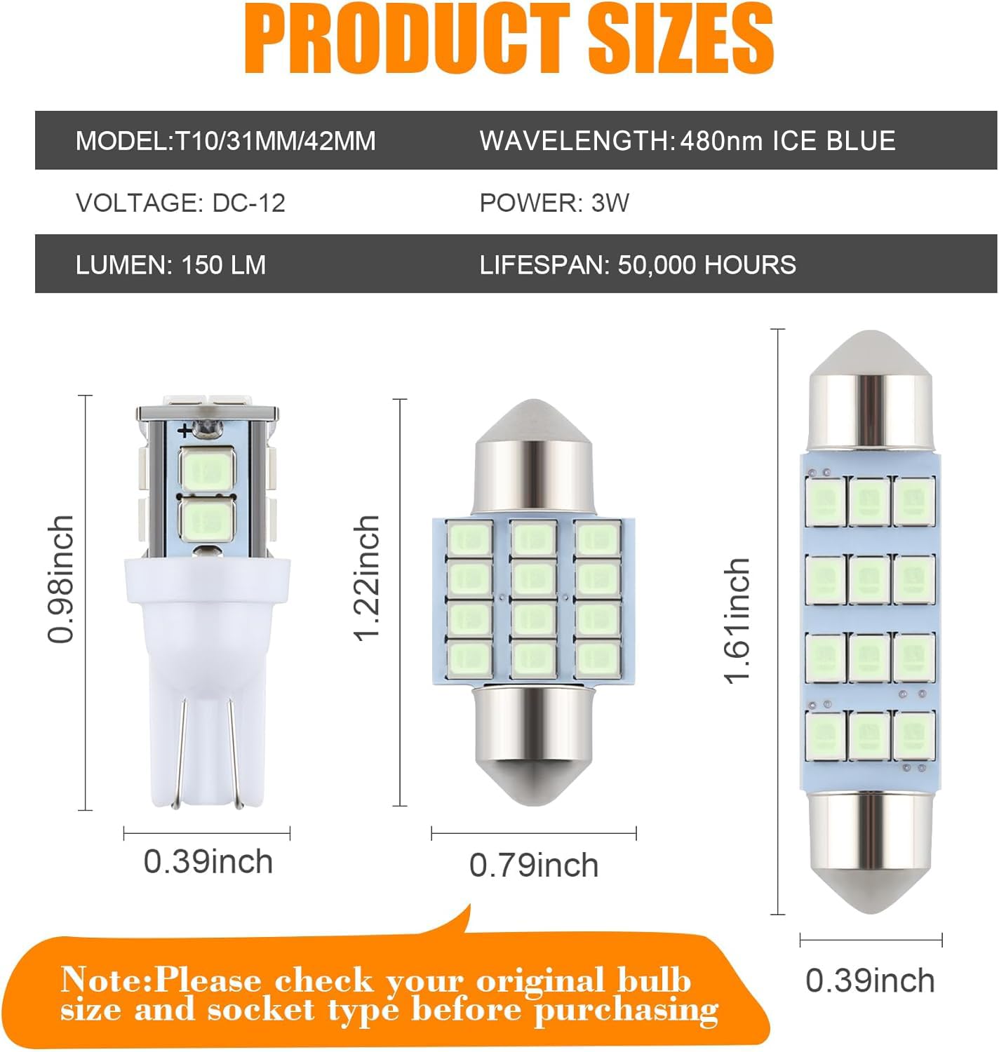 iFunyLED 24 Pieces Dome Light LED Car Interior Bulb Kit Set 194 T10 DE3175 578 31mm 42mm Bulbs Interior Replacement Lights for Car Map License Plate Door Side Marker Cornering Trunk Light - Ice Blue