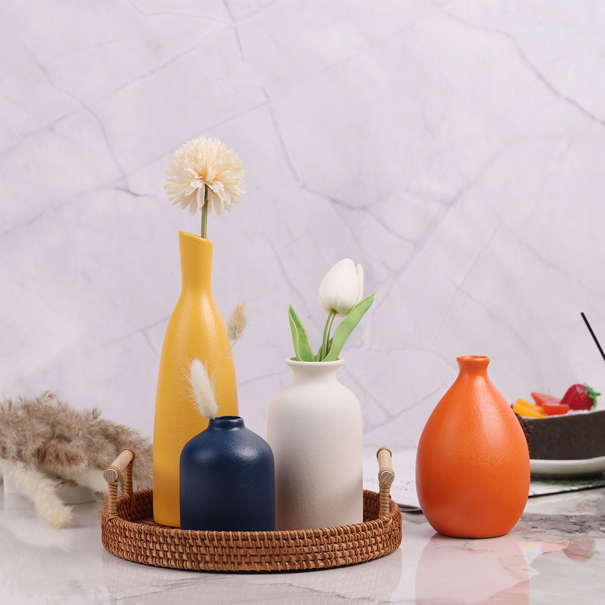 Juego de 4 jarrones de cerámica coloridos, modernos jarrones pequeños, amarillos, naranjas, azules para decoración del hogar, ideales para sala de estar, cocina, oficina, baño, chimenea, entrada, casa