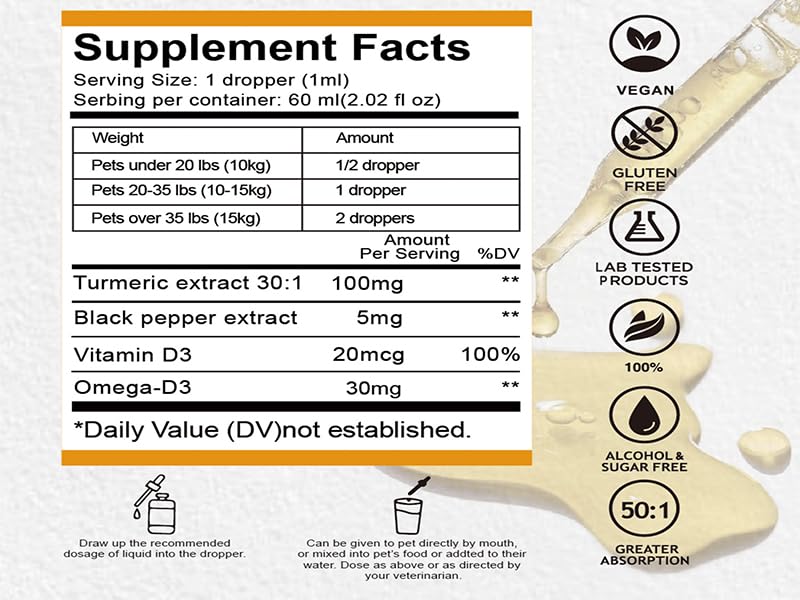 Kurkum- und Curcumin Tropfen für Hunde & ältere Hund & ArbeitsHunde: Gelenkbeweglichkeit und -flexibilität, Schmerzgenesung, Verdauung, Gehirn, Leber, Knochen, Muskeln, Haut, Fell – bessere Resorption