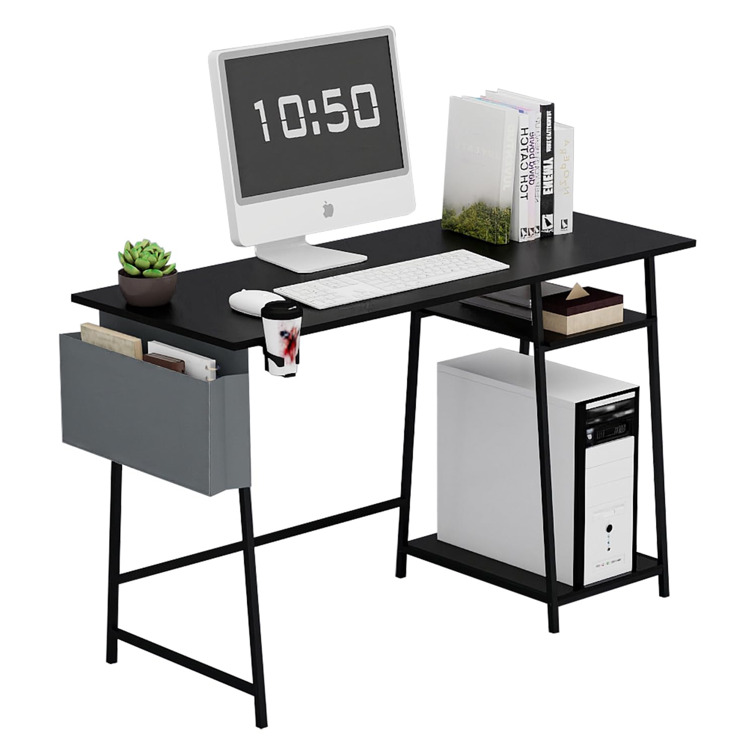 HOMIDEABlack Computer Desk 45 inches, Large Desk with 2 Tier Shelves, Sturdy Home Office Desk with Large Storage Space, Modern Gaming Desk Study Writing Laptop Table, Black