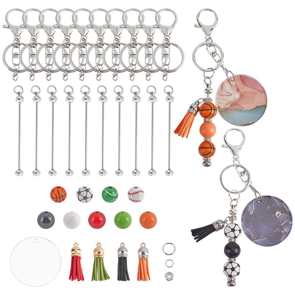 SUNNYCLUE 10 Sets 9 Styles Keychain Bead Kit Beads Key Chain Kits 16mm Wooden Round Orange Red Basketball Baseball with Tassels Sport Ball Beads for Jewelry Making Keychains Christmas Women Adults
