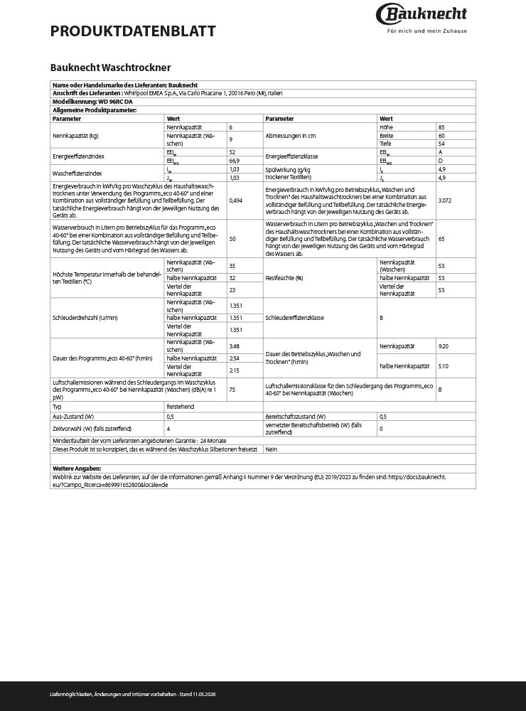 Bauknecht WD 96RC DA Waschtrockner, 9 kg Waschen / 6 kg Trocknen, 1400 U/min, Active Care Wash & Dry, Anti-Allergie-Programm, Dynamic Inverter-Motor, Nachlegefunktion, Weiß