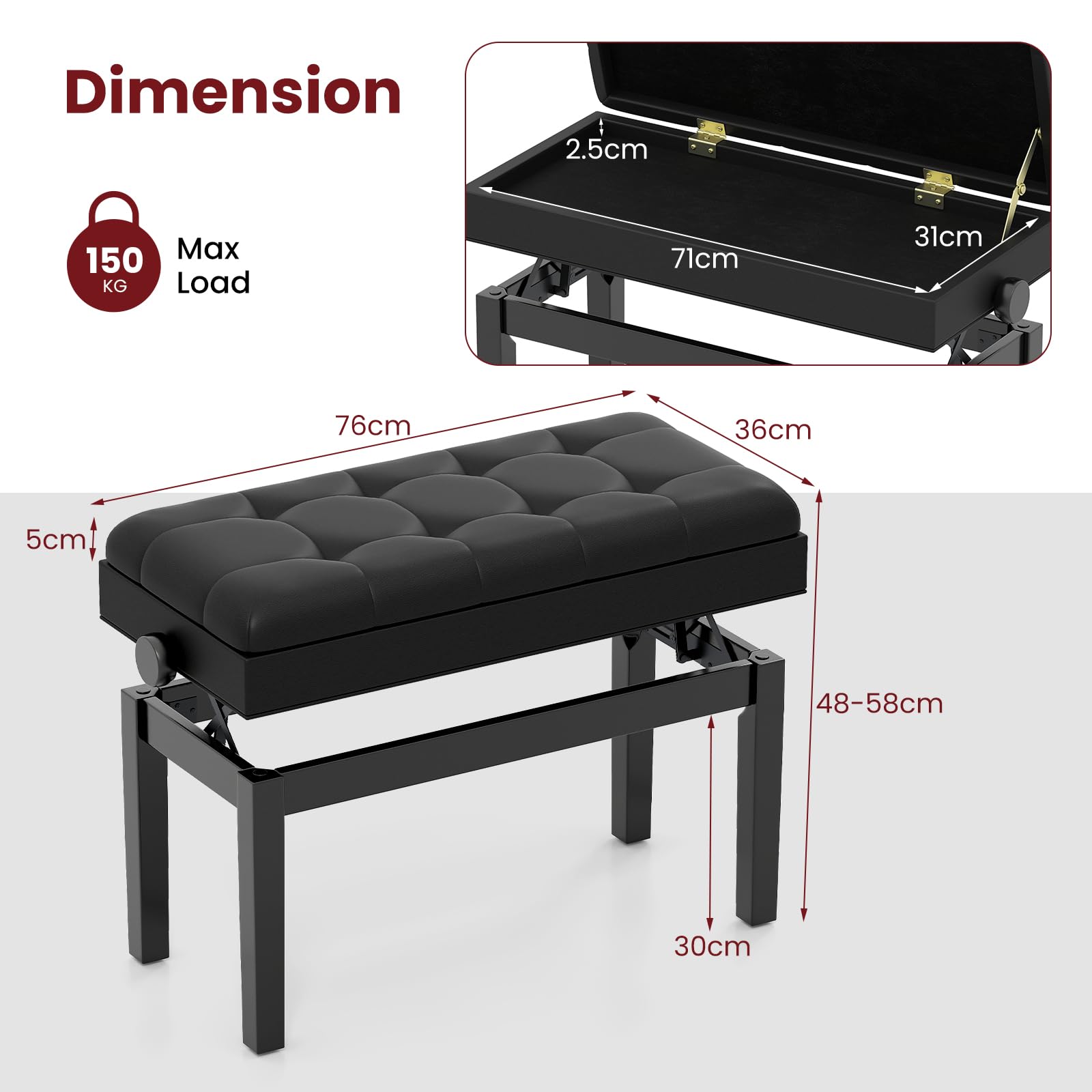 GIANTEX Klavierbank mit verstellbarer Höhe 48-58 cm, gepolsterte Klavierbank für 2 Personen, Hocker mit Stauraum und rutschfesten Füßen, Schwarz