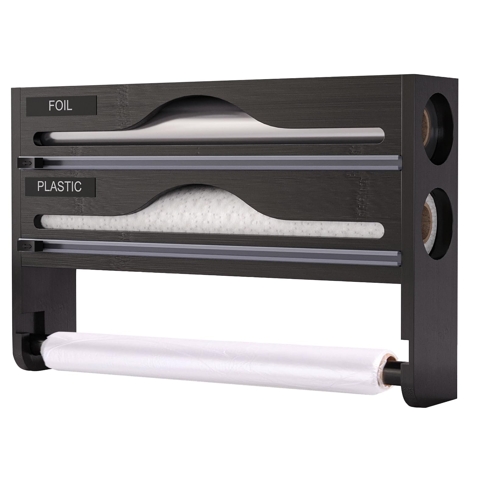 Dispensador Papel Aluminio y Film 3 in 1 con Portarrollos Cocina Dispensador de Láminas de Madera Organizador para Aluminio y Fim, 35,2x21x7cm