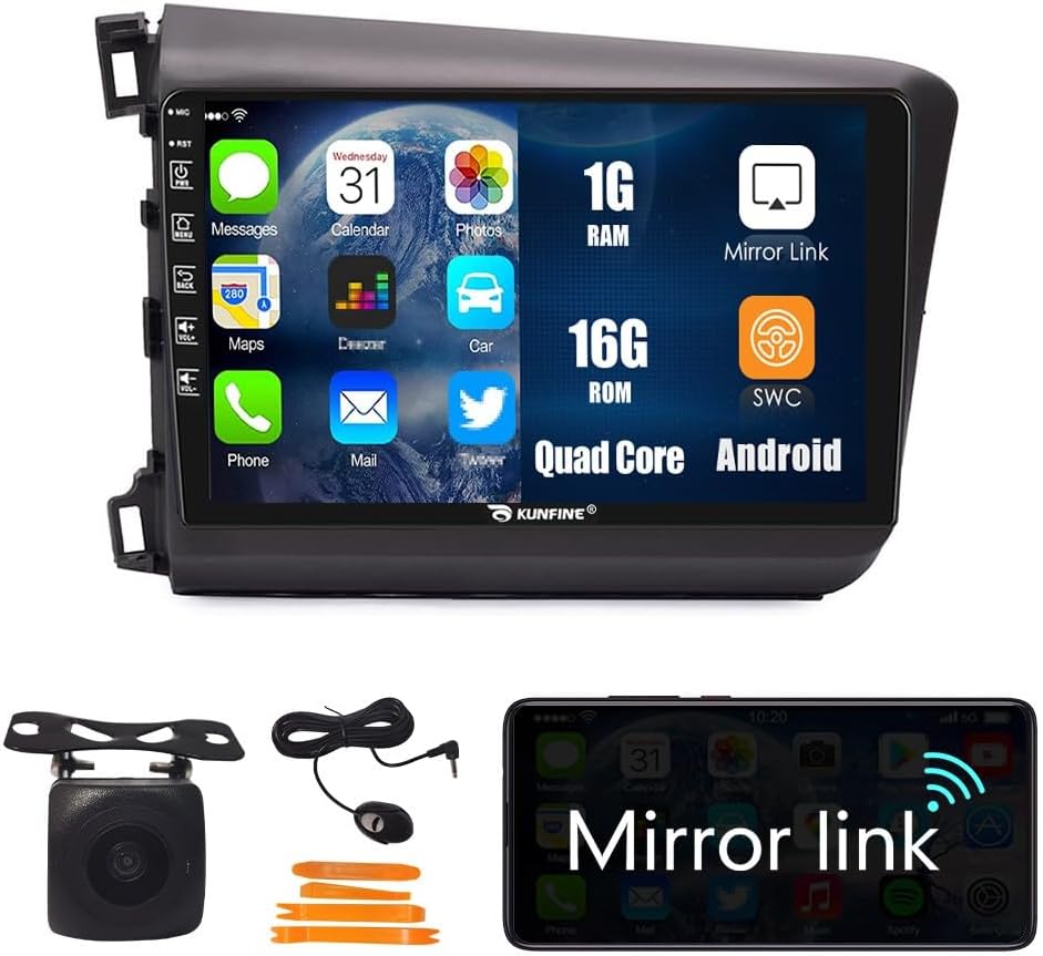 Kunfine Car Android Navigation Stereo GPS Radio Reverse Camera Display 9" IPS Touchscreen Headunit Tablet Pad Media Player for Honda Civic 2012-2015 LHD, if Applicable Quad Core 1G+16G