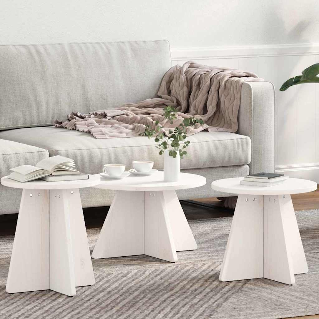 Table de salon ronde en pin blanc, lot de 3 tables basses polyvalentes pour un coin canapé cosy