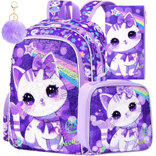 Image of CCJPX 16 inch Cat Backpack for Girls, 3Pcs Kids Preschool Bookbag, Cute Water Sequin Resistant School Bag for Teen Kindergarten Toddler (Purple)