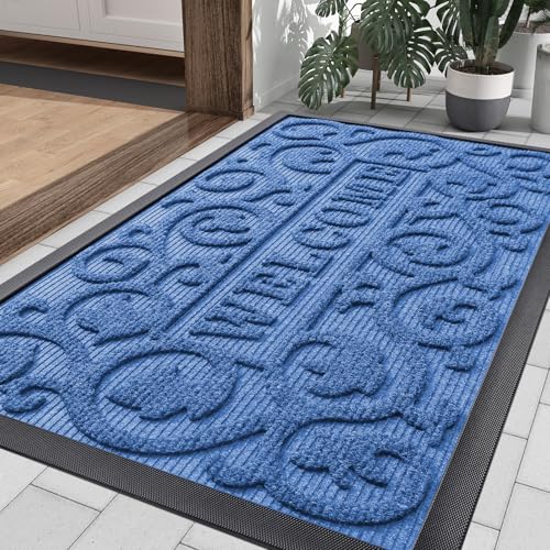 Image of Smiry Welcome Door Mat Outside Entrance, Heavy Duty Trap Dirt and Moisture Easy Clean Low Profile Patio Porch Indoor Outdoor Front Doormat for Entry, 35x23 Inch, Blue