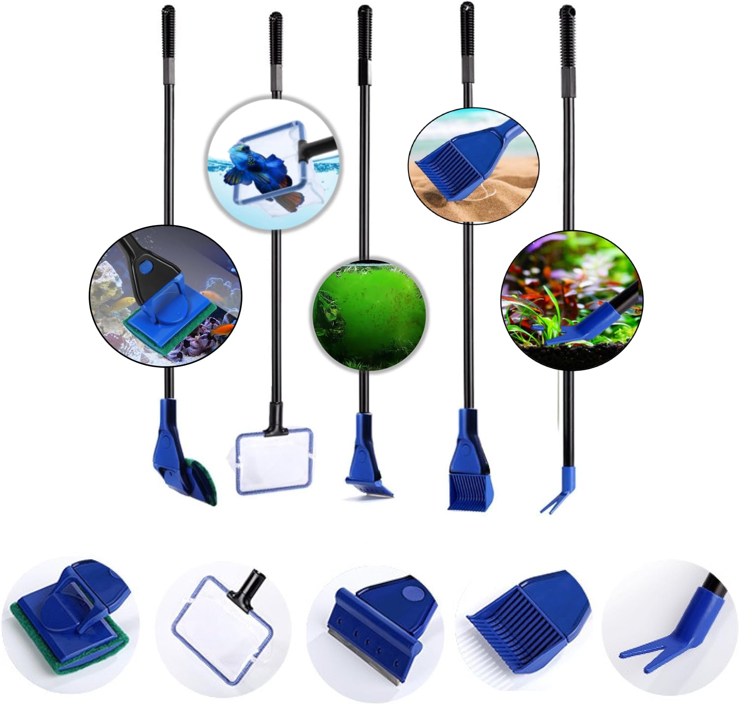 Bluepet/LINY - Best Aquarium 5-in-1 Glass Cleaning & Maintenance Kit (Large) - All in ONE Kit with Algea Scraper, Gravel Cleaner, Sponge Brush, Plant Fork & Fish Net.