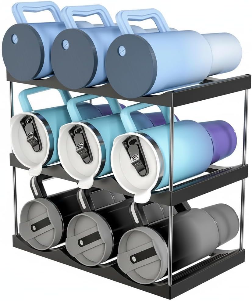 Clear Plastic Stackable Bottle Storage Rack, 9 Bottle Water Bottle Organizer Wine Holder, Kitchen Cabinet Pantry Countertop Organizer, No Tools Easy Assembly Fits 40oz Bottles (Three Floors)