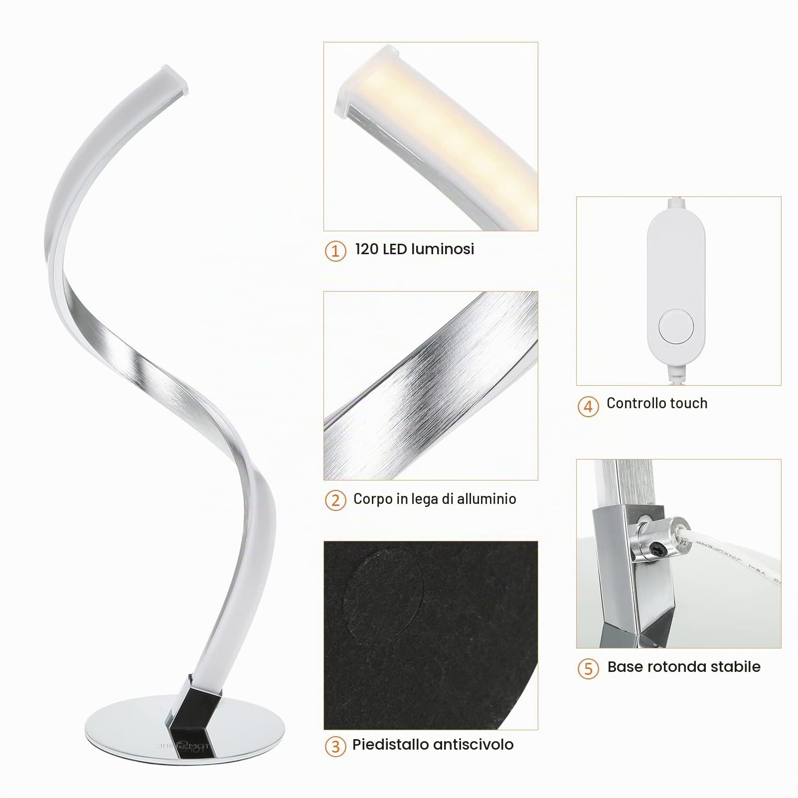 Neoglint Abat Jour da Comodino Moderne Dimmerabile, Spirale Lampade Comodino Camera, Touch Control, Decorativo Curvo Lampade da Tavolo LED per Camera da Letto Soggiorno (bianco argento, 42 cm)