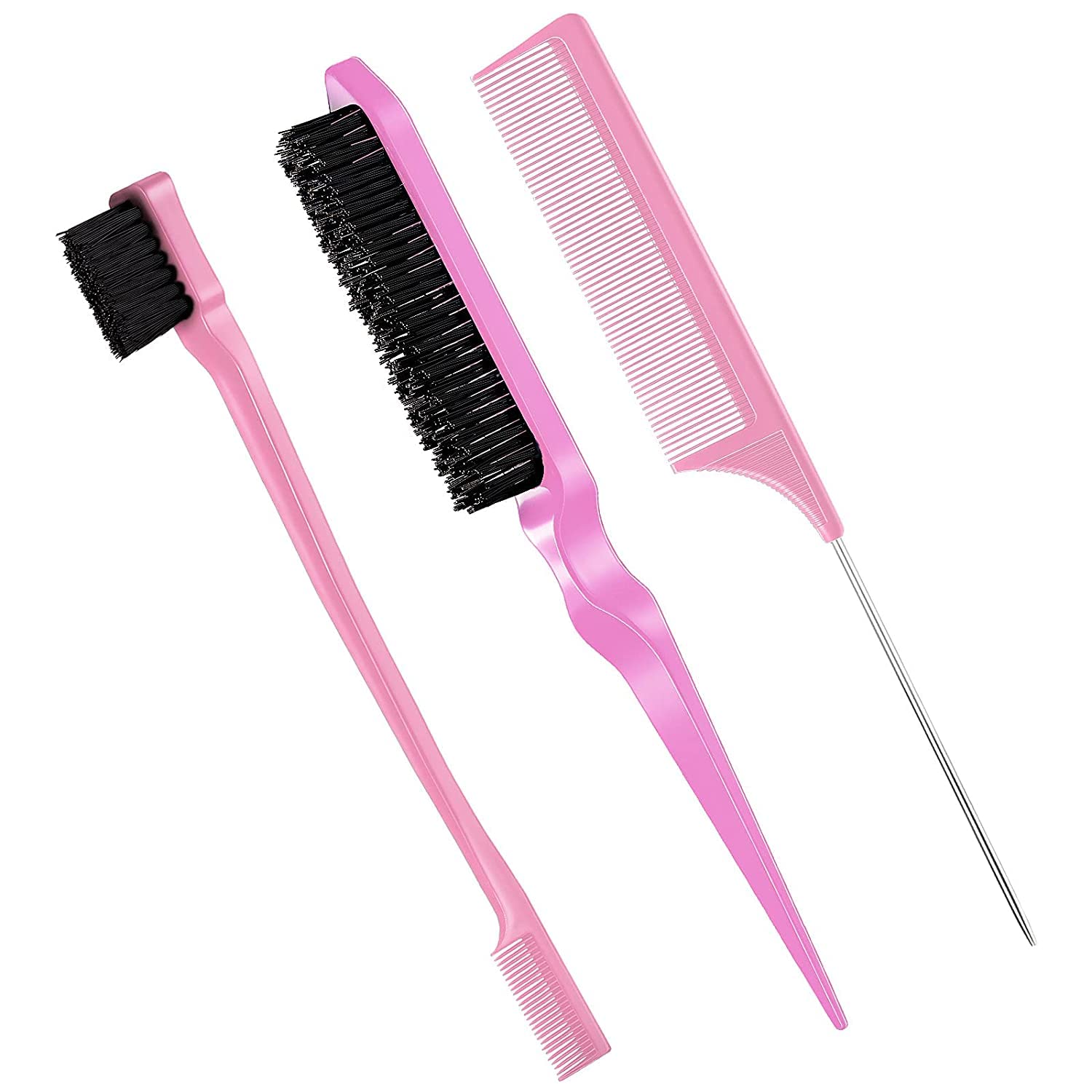 ORiTi 3 Pcs Slick Brush Set Bristle Hair Brush Teasing Comb Edge Hair Brush Grooming Combs (Pink)