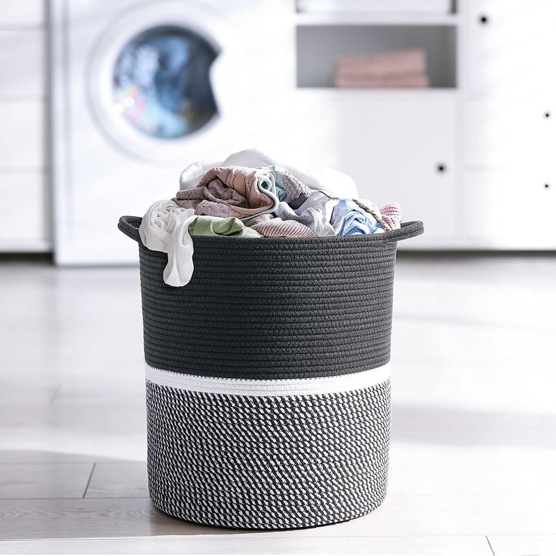 Image of Large Basket Natural Cotton Rope Storage Basket and Hamper for Cloths and Multi Usage in Living Room, Bedroom, Laundry Room (Size - 15 inch x 15 inch x 18 inch) (Black Mix)