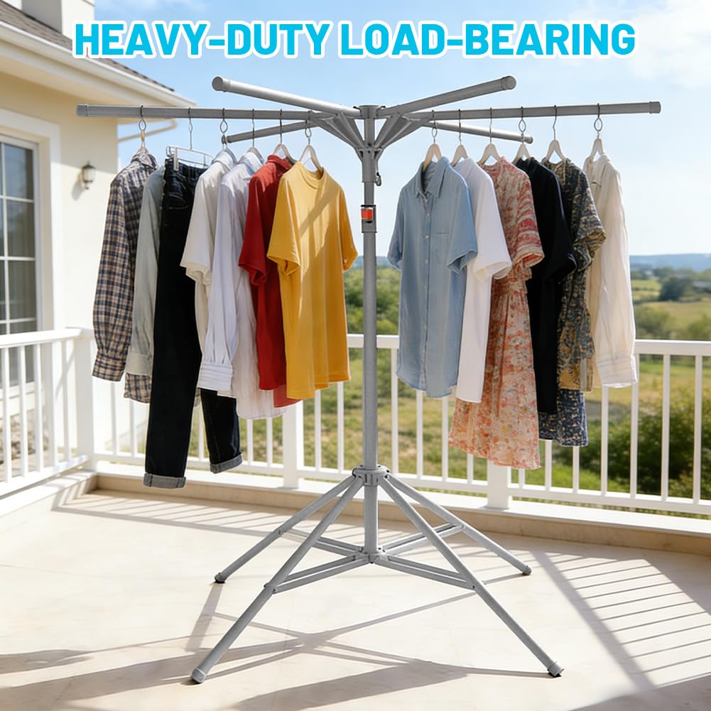 Tendedero de Ropa 6 Brazos Extensible y Plegable, Base Triangular Antideslizante, Altura Ajustable 120-170 cm para Interior y Exterior, Secadora Compacta de Viaje