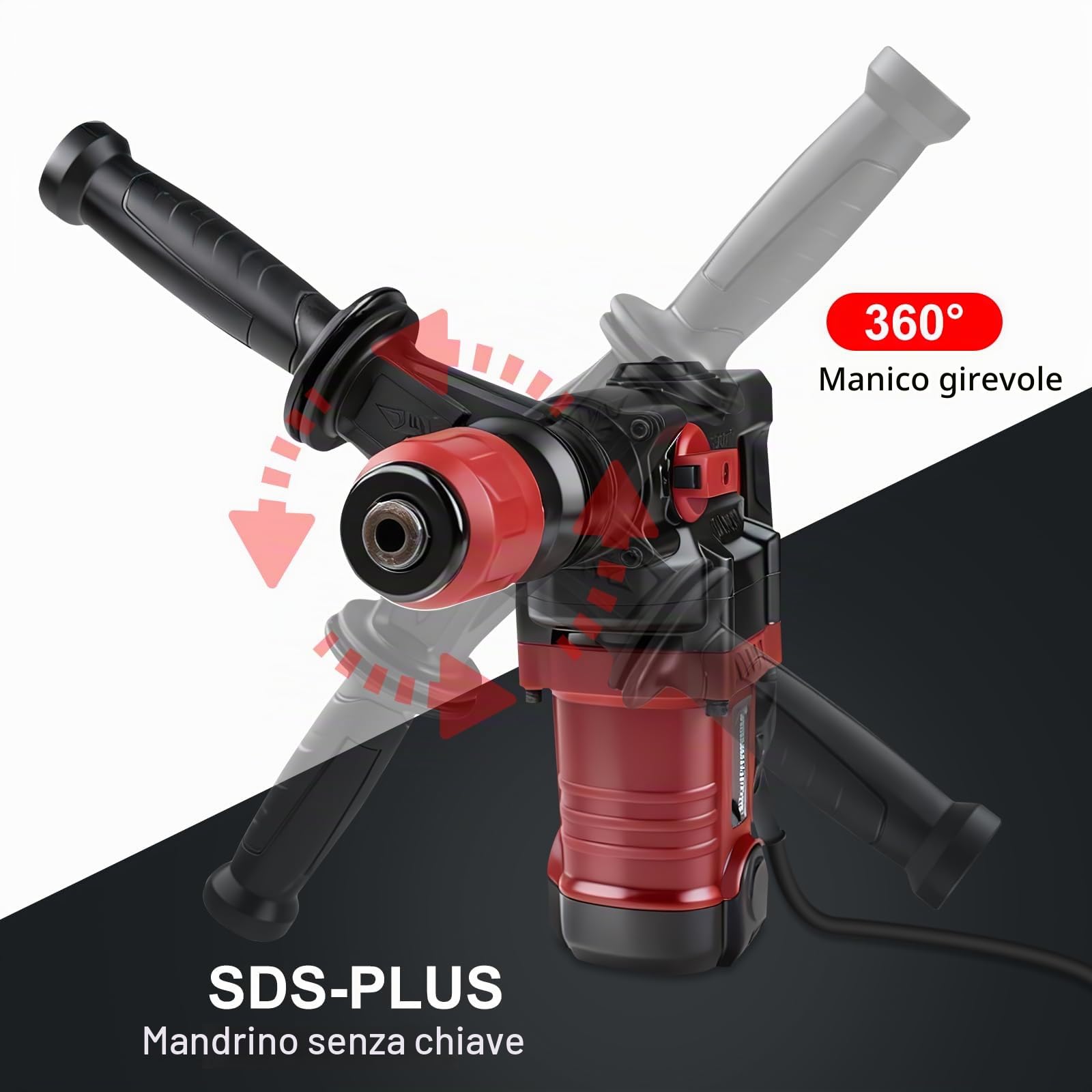 Martello Perforatore SDS Plus con Filo 1300W 6J, 4 in 1 Trapano a Percussione Cablato, 6 Velocità 4000RPM, Frizione di Sicurezza e Maniglia Antivibrante, Perfora Cemento e Mattoni Senza Sforzo