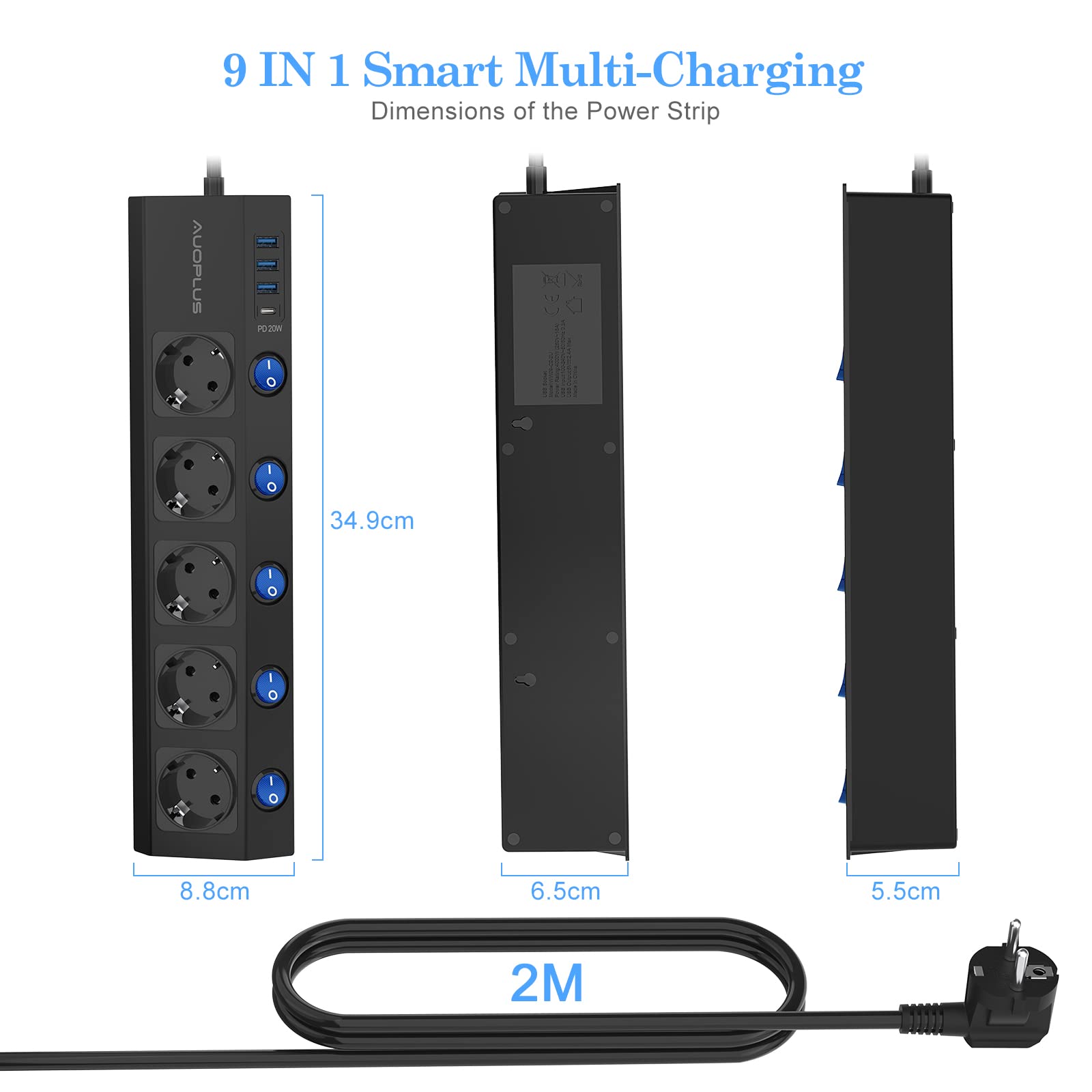 Multiprise commutable individuellement, 5 prises, montage mural, avec 1 chargeur rapide USB-C (PD 20 W) et 3 multiprises USB, multiprise avec protection contre les surtensions (3680 W/16 A), câble de