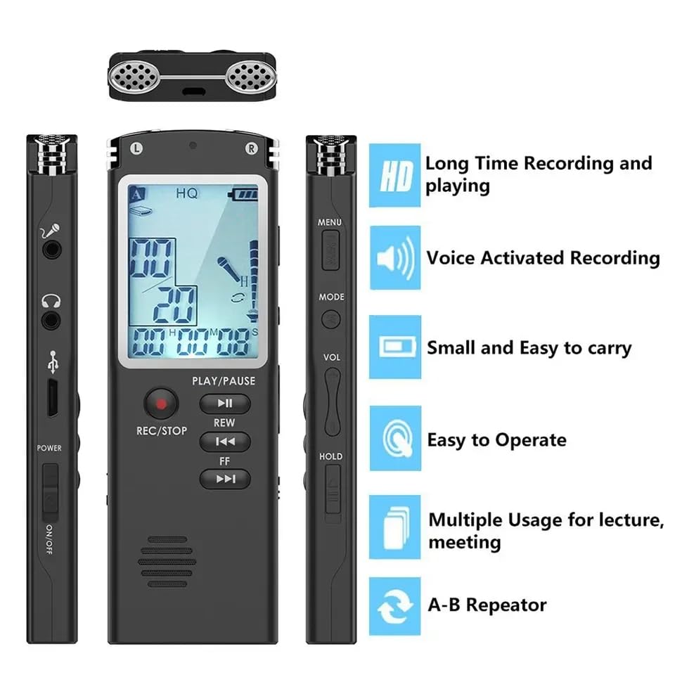 Image of 32GB Digital Voice Recorder with MP3 Player, Voice Activation, Telephone Recording, 13 Hours Battery Life, Microphone, for Meetings, Lectures & Interviews
