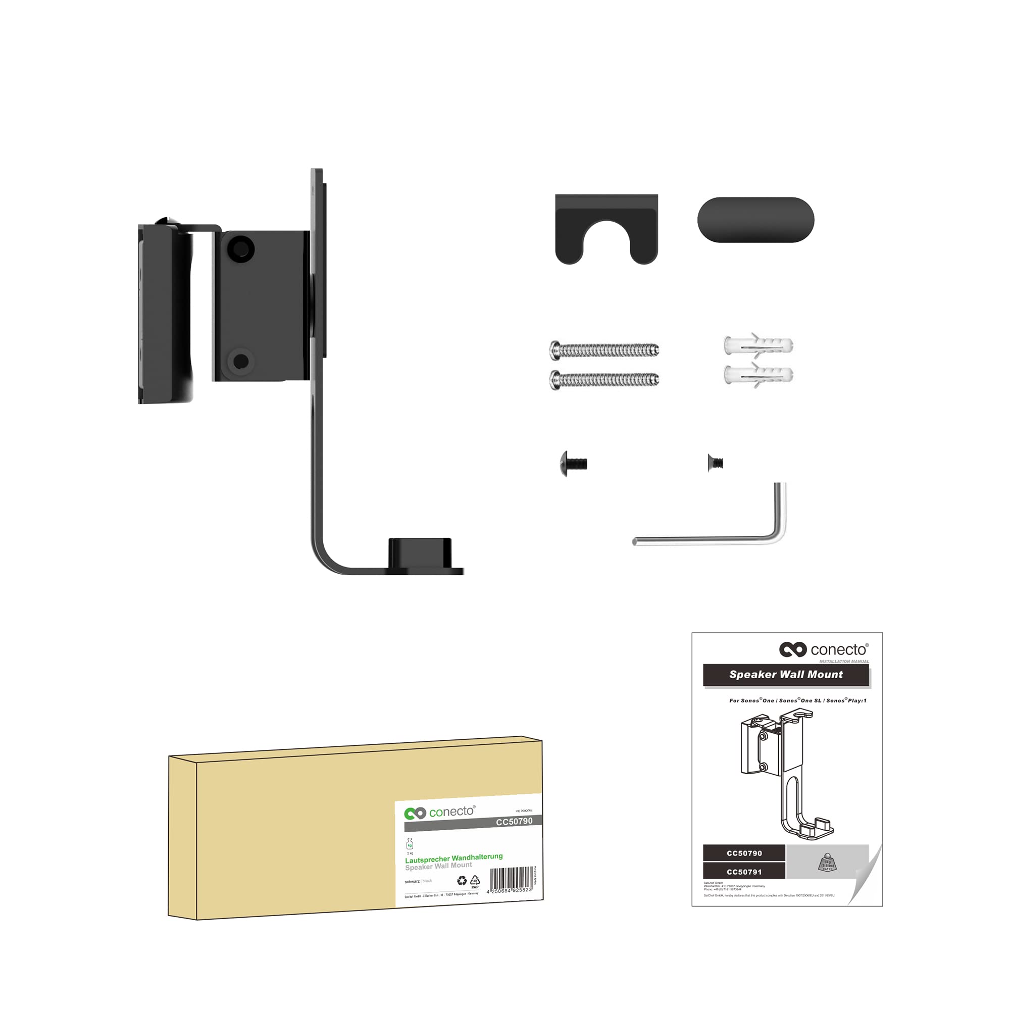conecto Uchwyt ścienny na głośnik, kompatybilny z Sonos® One, Sonos® One SL, Sonos® Play:1, nośność: 3 kg, czarny