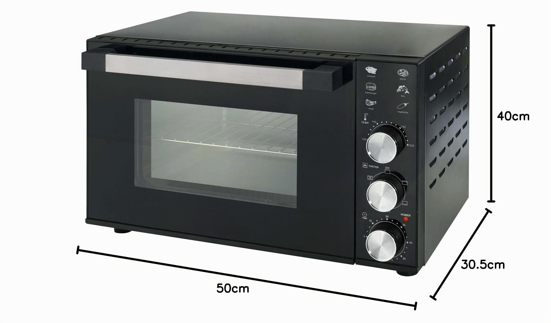 DCG MBN35. Multihorno 1800W. 35 litros. Temporizador de 60 minutos con alarma. Termostato regulable de 100° a 230°C. 4 resistencias de acero. Dimensiones 50 x 40 x 30,5h cm