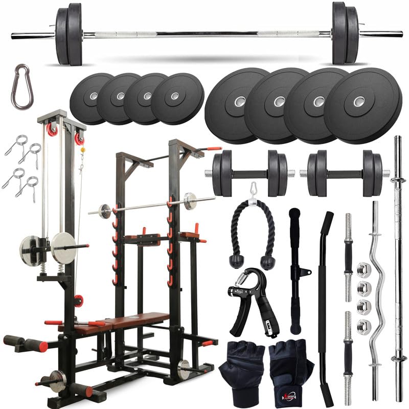 titan-x abs 20 in 1multifunctional gym bench with 100kg rubber weight plates for home workout, adjustable incline-decline, lat pulldown, leg curl & heavy-duty home gym bench press