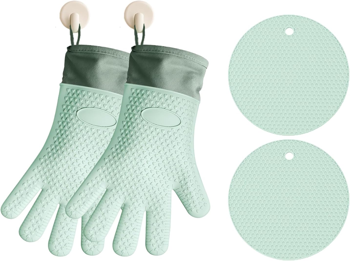 Silicone Oven Mitts and Pot Holders Sets, Heat‑Resistant Non‑Slip Oven Gloves, Kitchen Hot Pads for Baking, Cooking, Grilling, 2‑Pack Oven Mitts 2‑Pack Pot Holders (Light‑Green)