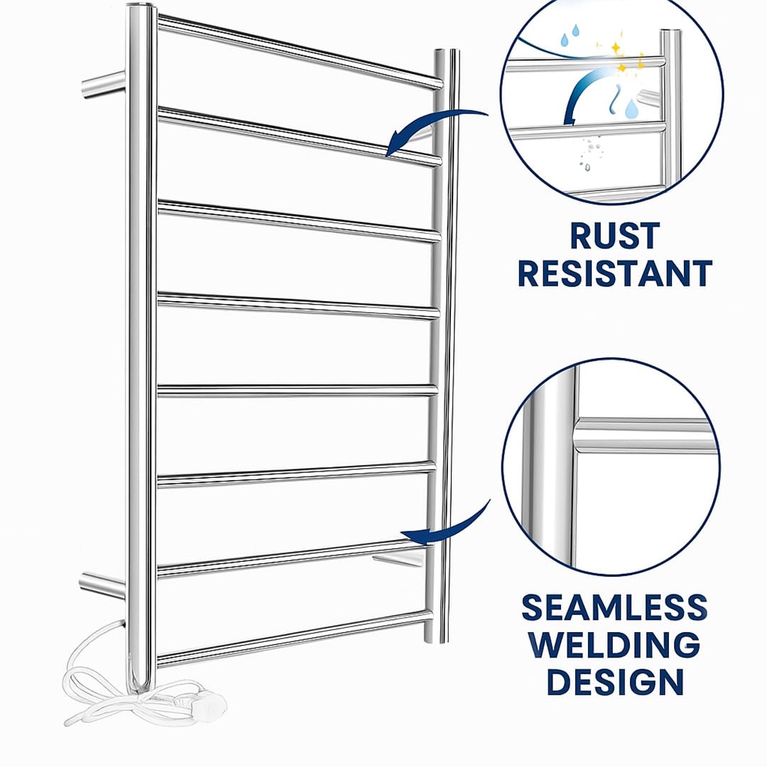 MORZZE Luxury Electric Heated Towel Rack MTW-6040 | 6-Bar Premium SUS 304 Stainless Steel Towel Warmer | Wall Mounted | Adjustable 30-60°C Timer 1-8H | Fast Dry Bathroom Heater (600x400mm) 1
