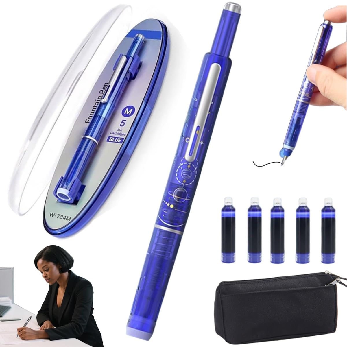 Fountain Pen Retractable: 0.38mm Blue&black Ink Transparent Barrel Includes 5 Refillable Ink Cartridges, Multicolor Pressable Medium Nib Fountain Pen, Smooth Writing No Leaking, Practical Gifts