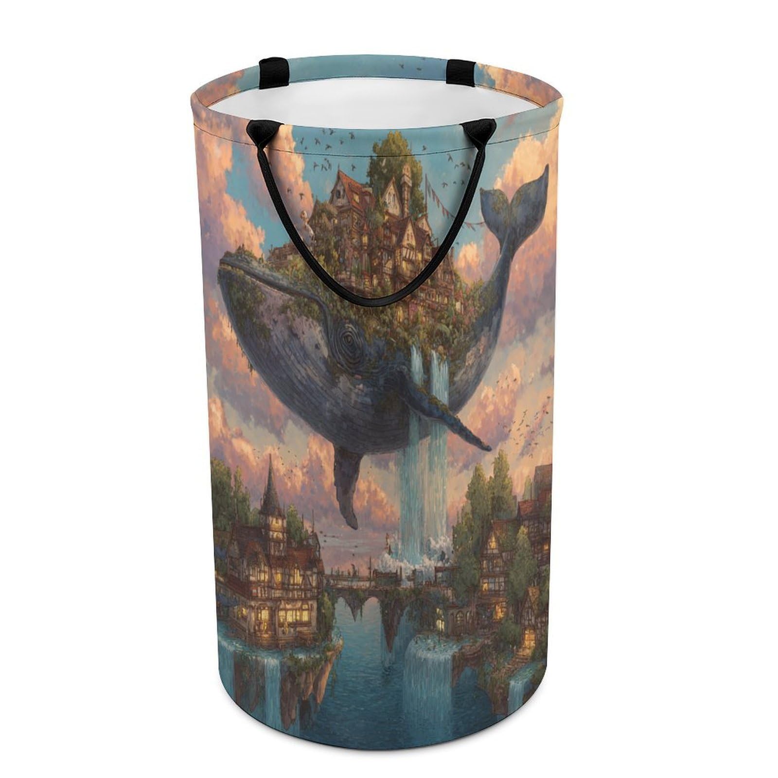 LUYYSKY Classic Abstract Animal Whale Versatile Storage Laundry Basket, Funny Realistic Nautical Fairy City Ocean Life Whale Bird Large Bathroom Laundry Hamper With Handle-40 CM Dia, 69 CM High
