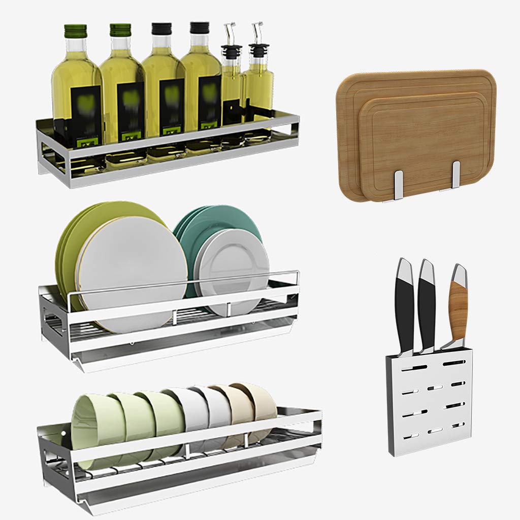 MYUYEE Wall Mounted Stainless Steel Drain Rack, Kitchen Dish Drying Rack With Tray, Cutting Board Rack And Spice Rack