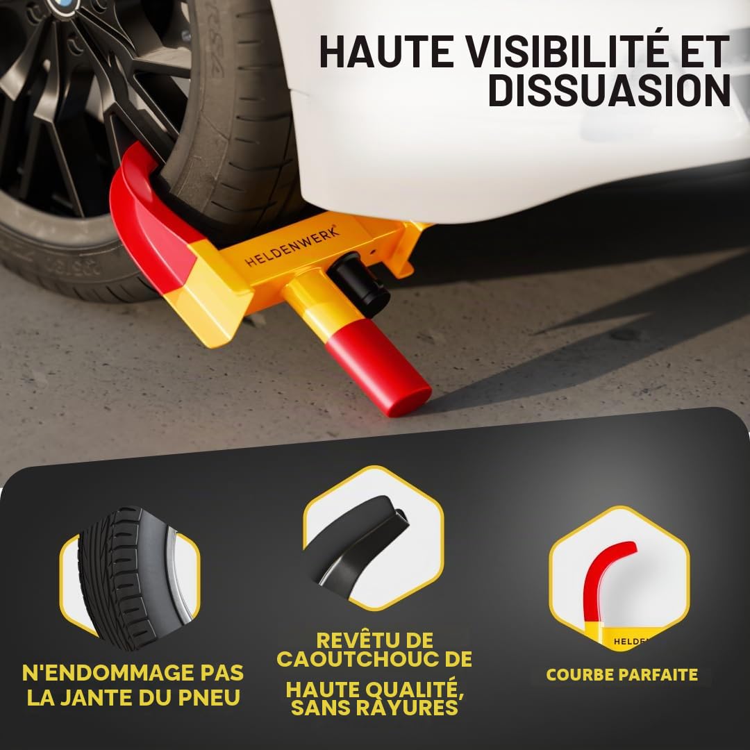 HELDENWERK Sabot de roue avec serrure de haute sécurité et 3 clés – Pour remorque, camping-car, caravane, voiture – Sabot de roue de voiture, griffe de roue pour pneus de 18 à 30 cm de largeur (jaune