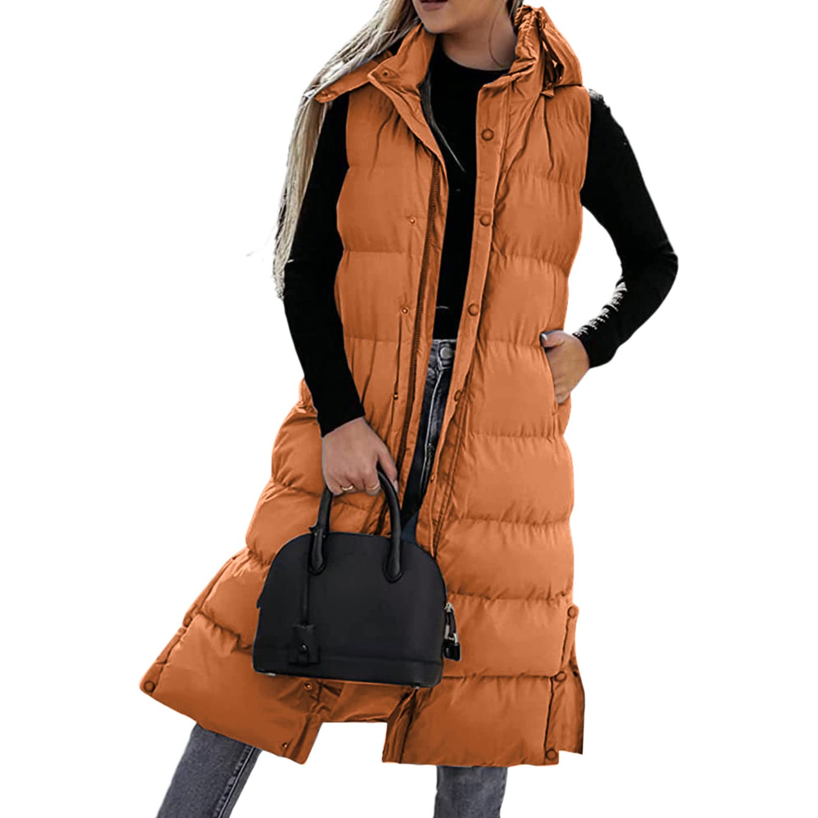 Chaleco largo de plumón para mujer, chaleco acolchado con capucha, chaqueta acolchada sin mangas, chaleco ligero a prueba de viento, chaleco con capucha para mujer, chaleco largo sólido, chaqueta de